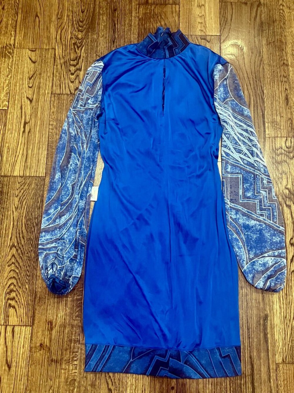 Emilio Pucci Blue Geometric Print Silk Ruched Mock Neck Mini Dress NWT 44 10 - Picture 15 of 16